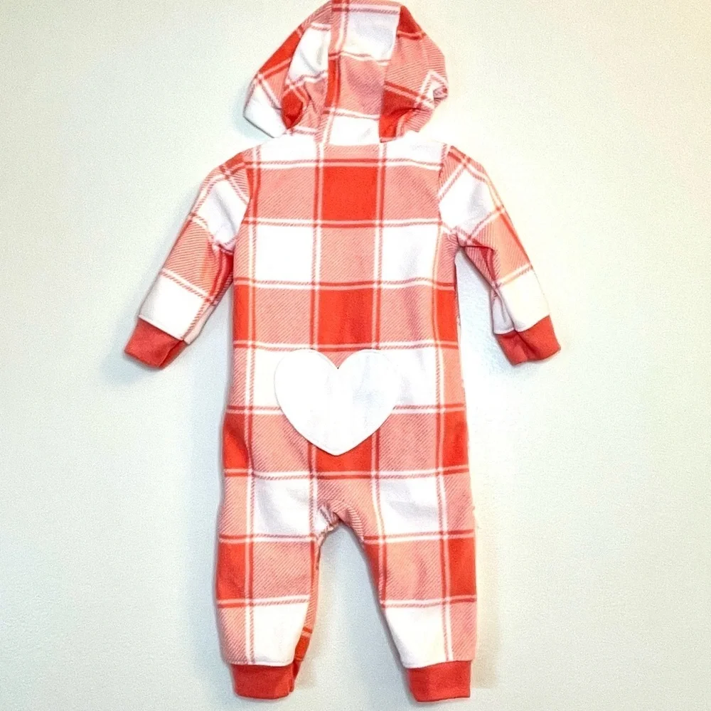 Carter’s 6M Orange & White Plaid Fleece Hoodie Jumpsuit